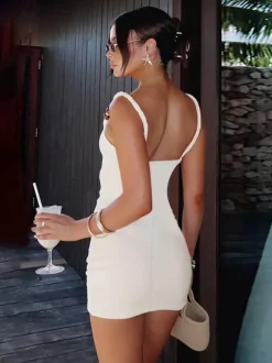 Beaded Strap Women's Mini Dress - Minimalist White Cami Bodycon - Coastal Grandmother Summer Vacation Beach Dress 2026