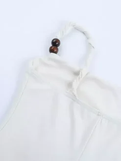 Beaded Strap Women's Mini Dress - Minimalist White Cami Bodycon - Coastal Grandmother Summer Vacation Beach Dress 2026