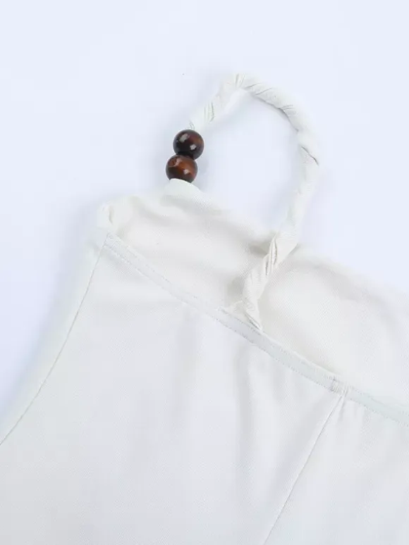 Beaded Strap Women's Mini Dress - Minimalist White Cami Bodycon - Coastal Grandmother Summer Vacation Beach Dress 2026