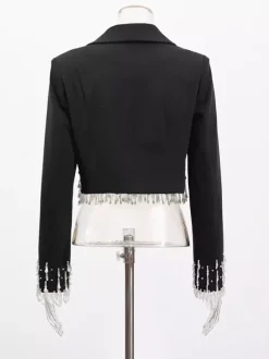 Beaded Tassel Blazer Jacket For Women - Fringe Cropped Shawl Lapel Black Party Coat - Spring Evening 2026