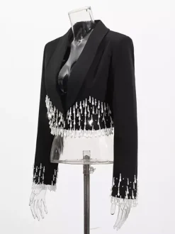 Beaded Tassel Blazer Jacket For Women - Fringe Cropped Shawl Lapel Black Party Coat - Spring Evening 2026