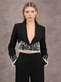 Beaded Tassel Blazer Jacket For Women - Fringe Cropped Shawl Lapel Black Party Coat - Spring Evening 2026