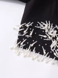 Beaded Tassel Blazer Jacket For Women - Fringe Cropped Shawl Lapel Black Party Coat - Spring Evening 2026