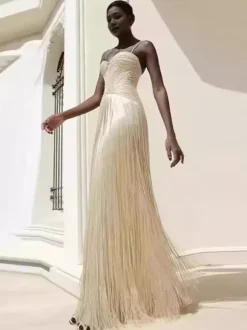 Beaded Fringed Slip Cocktail Dress For Women - Apricot Gatsby Flapper Style Sleeveless Maxi Gown - Summer Party Prom 2026