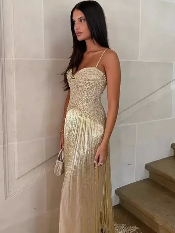 Beaded Fringed Slip Cocktail Dress For Women - Apricot Gatsby Flapper Style Sleeveless Maxi Gown - Summer Party Prom 2026