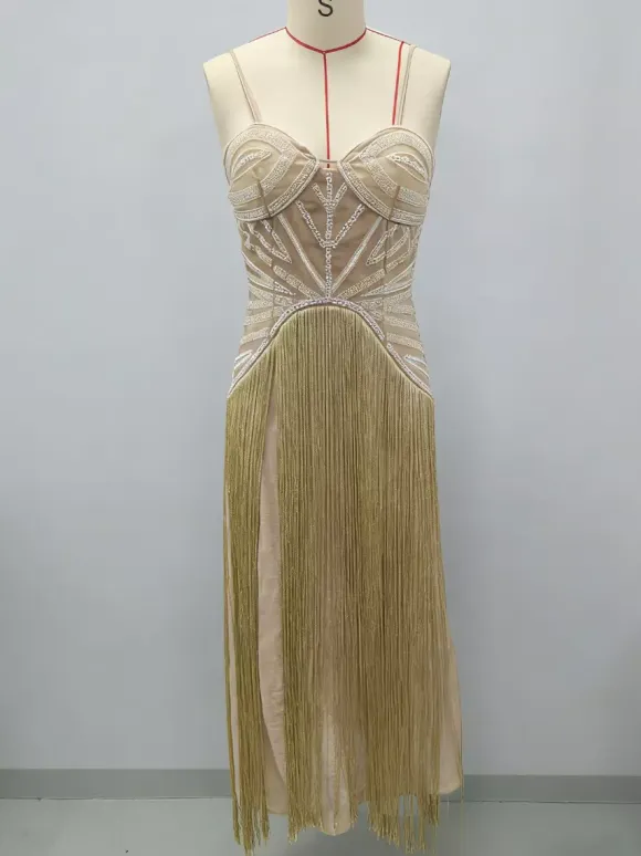 Beaded Fringed Slip Cocktail Dress For Women - Apricot Gatsby Flapper Style Sleeveless Maxi Gown - Summer Party Prom 2026