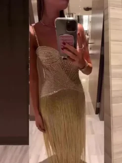 Beaded Fringed Slip Cocktail Dress For Women - Apricot Gatsby Flapper Style Sleeveless Maxi Gown - Summer Party Prom 2026