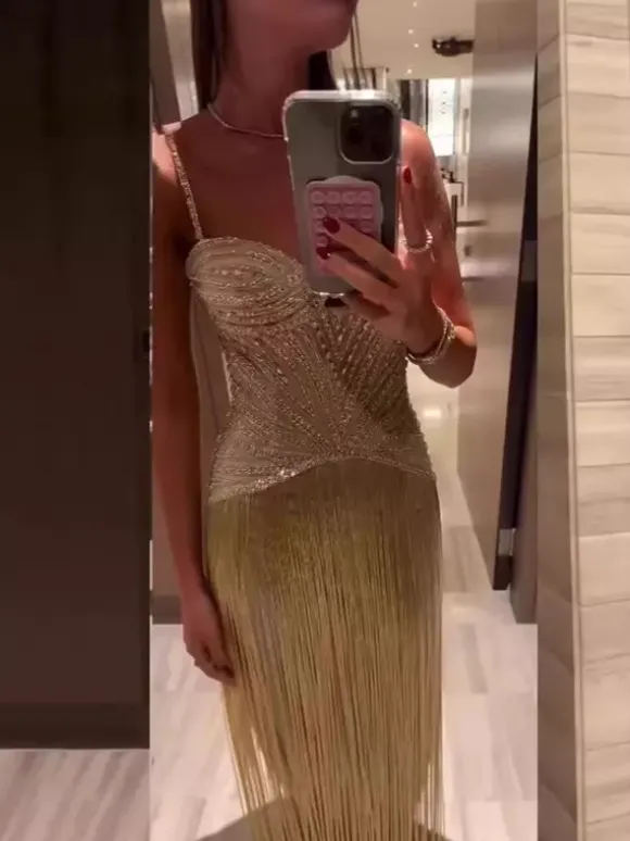 Beaded Fringed Slip Cocktail Dress For Women - Apricot Gatsby Flapper Style Sleeveless Maxi Gown - Summer Party Prom 2026