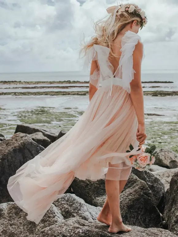 Beautiful Boho Rustic Butterfly Cyan Tulle Sleeveless Jewel Neck Flower Girl Dresses