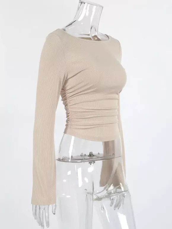 Beige Ribbed Women Long Sleeve Top - Chic Ruched Front Flare Sleeve Slim Fit - Minimalist Basic Spring Casual Streetwear 2026