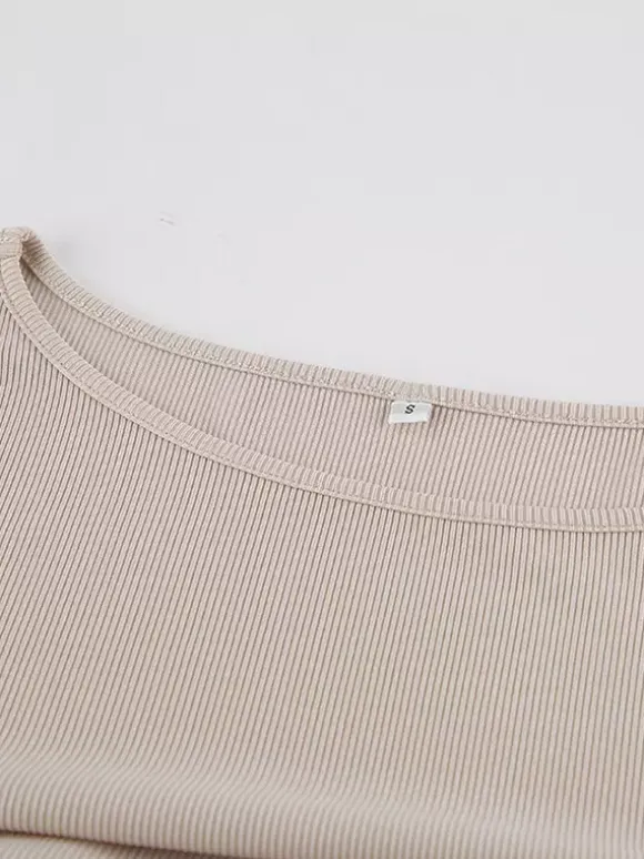 Beige Ribbed Women Long Sleeve Top - Chic Ruched Front Flare Sleeve Slim Fit - Minimalist Basic Spring Casual Streetwear 2026