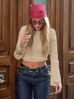 Beige Ribbed Women Long Sleeve Top - Chic Ruched Front Flare Sleeve Slim Fit - Minimalist Basic Spring Casual Streetwear 2026