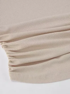 Beige Ribbed Women Long Sleeve Top - Chic Ruched Front Flare Sleeve Slim Fit - Minimalist Basic Spring Casual Streetwear 2026
