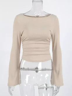 Beige Ribbed Women Long Sleeve Top - Chic Ruched Front Flare Sleeve Slim Fit - Minimalist Basic Spring Casual Streetwear 2026