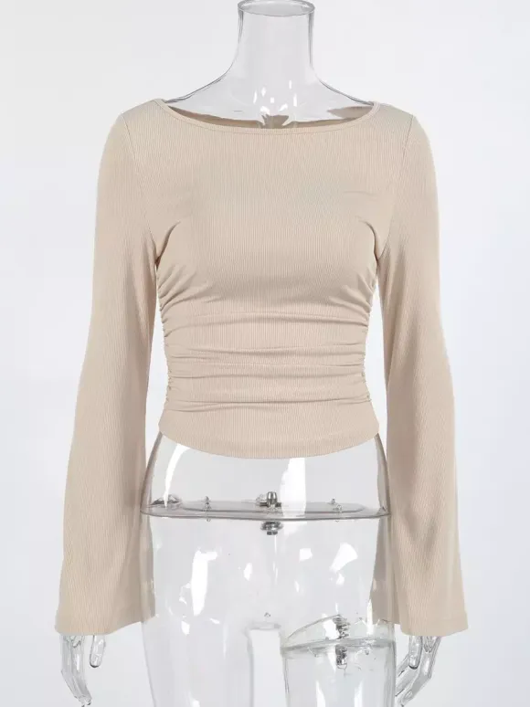 Beige Ribbed Women Long Sleeve Top - Chic Ruched Front Flare Sleeve Slim Fit - Minimalist Basic Spring Casual Streetwear 2026