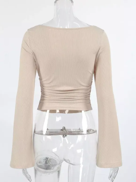 Beige Ribbed Women Long Sleeve Top - Chic Ruched Front Flare Sleeve Slim Fit - Minimalist Basic Spring Casual Streetwear 2026