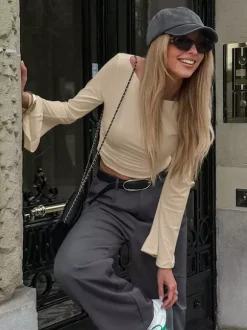 Beige Ribbed Women Long Sleeve Top - Chic Ruched Front Flare Sleeve Slim Fit - Minimalist Basic Spring Casual Streetwear 2026