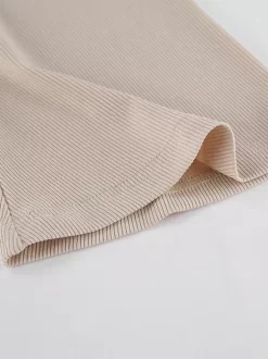 Beige Ribbed Women Long Sleeve Top - Chic Ruched Front Flare Sleeve Slim Fit - Minimalist Basic Spring Casual Streetwear 2026