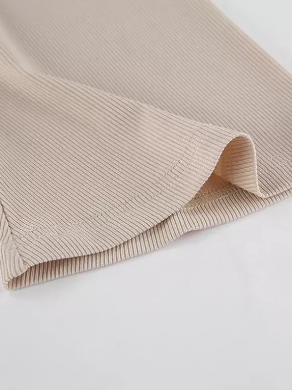 Beige Ribbed Women Long Sleeve Top - Chic Ruched Front Flare Sleeve Slim Fit - Minimalist Basic Spring Casual Streetwear 2026