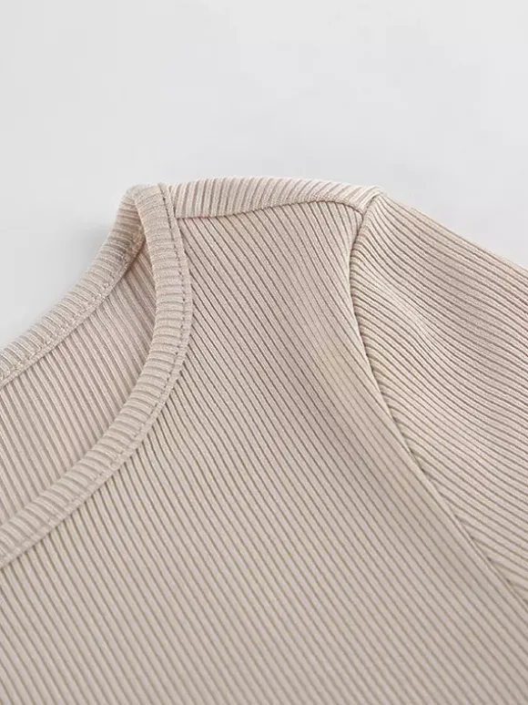 Beige Ribbed Women Long Sleeve Top - Chic Ruched Front Flare Sleeve Slim Fit - Minimalist Basic Spring Casual Streetwear 2026
