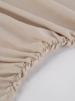 Beige Ribbed Women Long Sleeve Top - Chic Ruched Front Flare Sleeve Slim Fit - Minimalist Basic Spring Casual Streetwear 2026