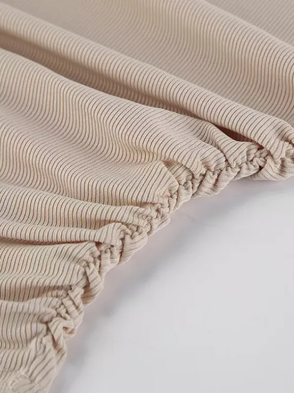 Beige Ribbed Women Long Sleeve Top - Chic Ruched Front Flare Sleeve Slim Fit - Minimalist Basic Spring Casual Streetwear 2026