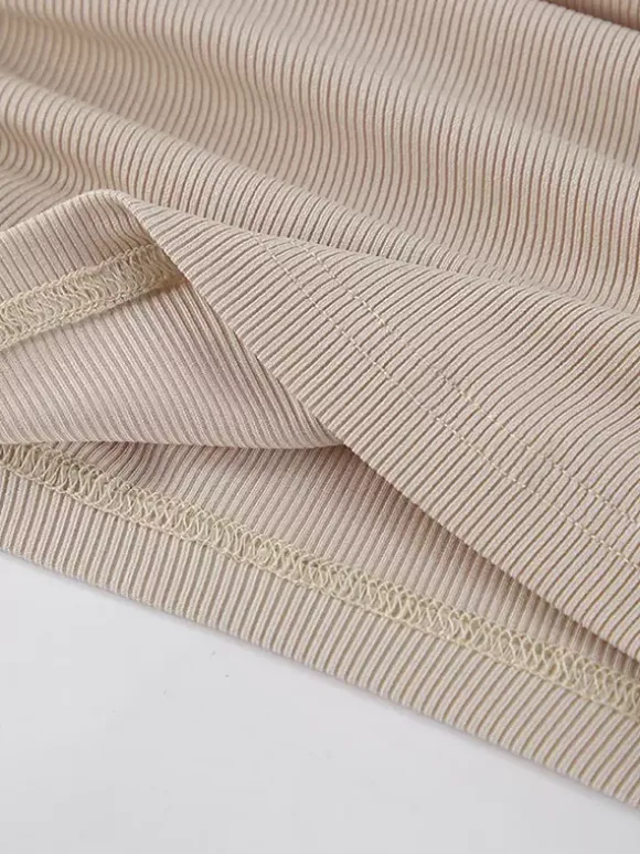 Beige Ribbed Women Long Sleeve Top - Chic Ruched Front Flare Sleeve Slim Fit - Minimalist Basic Spring Casual Streetwear 2026