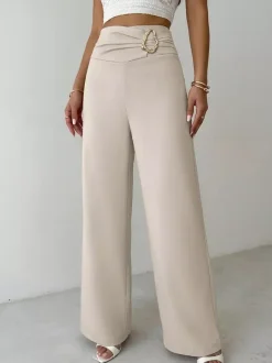 Beige High Waist Wide Leg Pants Front Ruched Metal Ring Decor Loose Straight Long Trousers