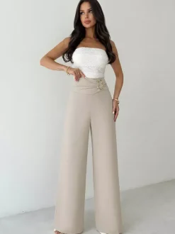 Beige High Waist Wide Leg Pants Front Ruched Metal Ring Decor Loose Straight Long Trousers