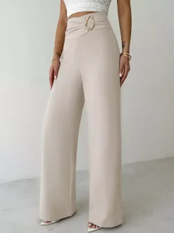 Beige High Waist Wide Leg Pants Front Ruched Metal Ring Decor Loose Straight Long Trousers