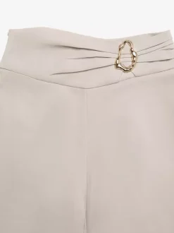 Beige High Waist Wide Leg Pants Front Ruched Metal Ring Decor Loose Straight Long Trousers