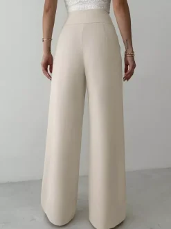 Beige High Waist Wide Leg Pants Front Ruched Metal Ring Decor Loose Straight Long Trousers