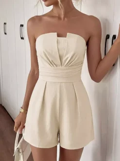 Beige Notch Neck Strapless Romper Women Smocked Back Casual Summer Playsuit