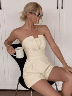 Beige Notch Neck Strapless Romper Women Smocked Back Casual Summer Playsuit