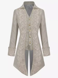 Beige Retro Victorian Steampunk Lace Long Sleeves Tailcoat Jacket