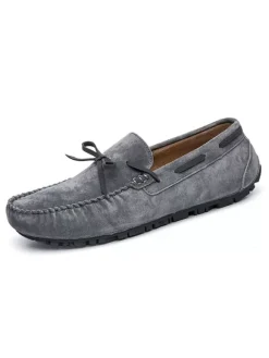 Belgian Loafer Shoes For Men Cosy Suede Leather Bows Slip-On Khaki Casual Flat Shoes