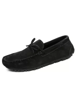 Belgian Loafer Shoes For Men Cosy Suede Leather Bows Slip-On Khaki Casual Flat Shoes