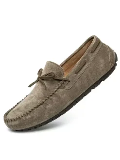 Belgian Loafer Shoes For Men Cosy Suede Leather Bows Slip-On Khaki Casual Flat Shoes