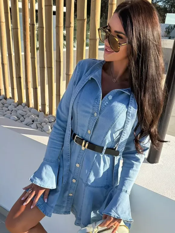 Bell Sleeve Mini Denim Dress For Women - Light Blue Flare Cuff Button Down Belted Jean Shirt Dress - Spring Daily Casual 2026