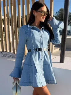 Bell Sleeve Mini Denim Dress For Women - Light Blue Flare Cuff Button Down Belted Jean Shirt Dress - Spring Daily Casual 2026