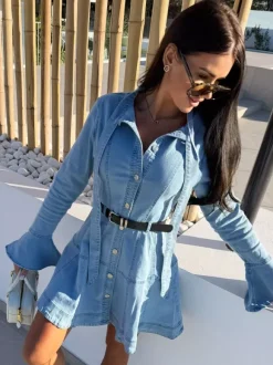 Bell Sleeve Mini Denim Dress For Women - Light Blue Flare Cuff Button Down Belted Jean Shirt Dress - Spring Daily Casual 2026