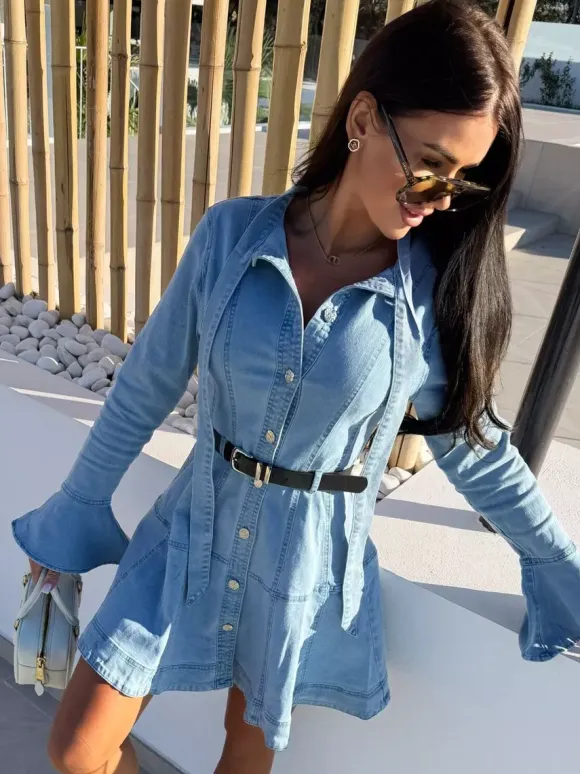 Bell Sleeve Mini Denim Dress For Women - Light Blue Flare Cuff Button Down Belted Jean Shirt Dress - Spring Daily Casual 2026