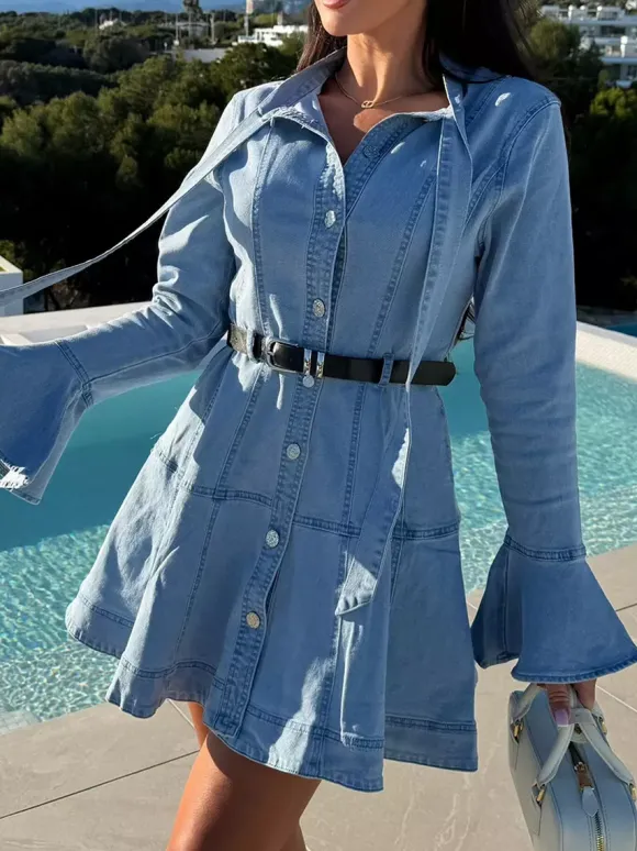 Bell Sleeve Mini Denim Dress For Women - Light Blue Flare Cuff Button Down Belted Jean Shirt Dress - Spring Daily Casual 2026