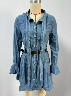 Bell Sleeve Mini Denim Dress For Women - Light Blue Flare Cuff Button Down Belted Jean Shirt Dress - Spring Daily Casual 2026