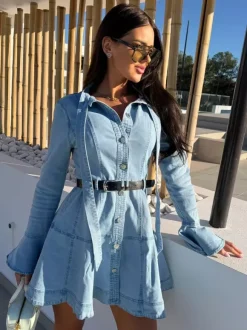 Bell Sleeve Mini Denim Dress For Women - Light Blue Flare Cuff Button Down Belted Jean Shirt Dress - Spring Daily Casual 2026