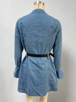 Bell Sleeve Mini Denim Dress For Women - Light Blue Flare Cuff Button Down Belted Jean Shirt Dress - Spring Daily Casual 2026