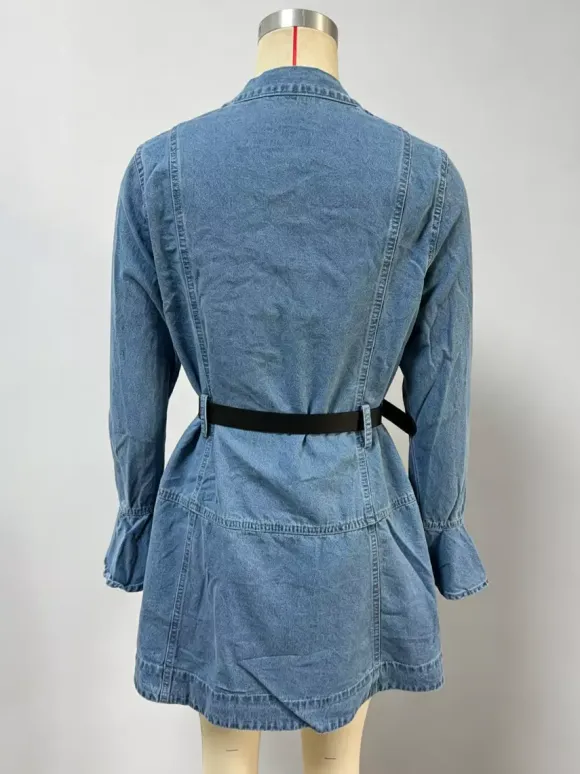 Bell Sleeve Mini Denim Dress For Women - Light Blue Flare Cuff Button Down Belted Jean Shirt Dress - Spring Daily Casual 2026