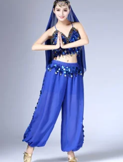Belly Dance Costume Chiffon Red Women's Pants With Top And Headband