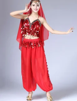 Belly Dance Costume Chiffon Red Women's Pants With Top And Headband