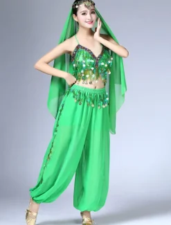 Belly Dance Costume Chiffon Red Women's Pants With Top And Headband